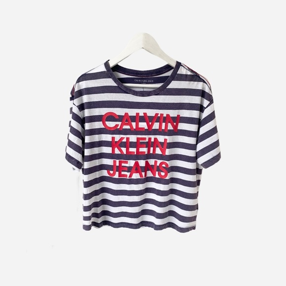 🌸New🌸 Calvin Klein Jeans Striped Crop Tee S NWT - Picture 1 of 7